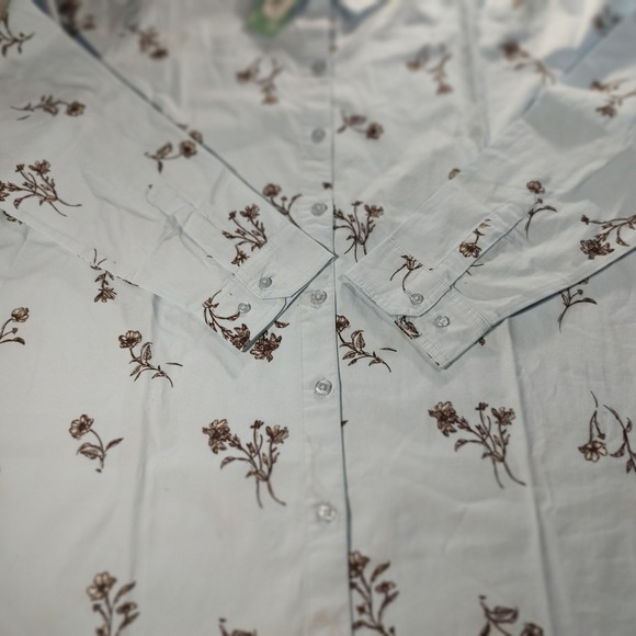 New National Button Up Blouse Top Blue Brown Floral Stretch Womens Petite Large - Picture 8 of 11